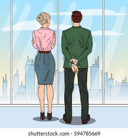Pop Art Business People Looking at City Through the Window in Office. Vector illustration