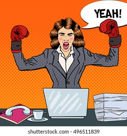 Pop Art Business Woman in Boxing Gloves at Multi Tasking Office Work. Vector illustration