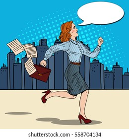 Pop Art Business Woman with Briefcase Running to Work. Vector illustration