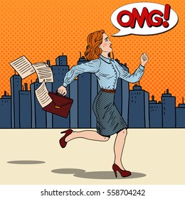Pop Art Business Woman with Briefcase Running to Work. Vector illustration