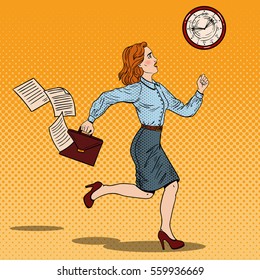 Pop Art Business Woman with Briefcase Running to Work. Vector illustration