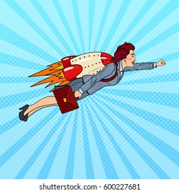 Pop Art Business Woman Flying on Rocket. Creative Start Up. Vector illustration