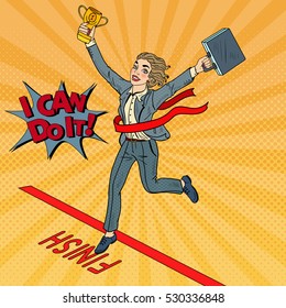 Pop Art Business Woman with Golden Winner Cup Crossing Finish Line. Vector illustration