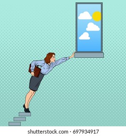 Pop Art Business Woman Hard Trying to Reach the Goal. Vector illustration