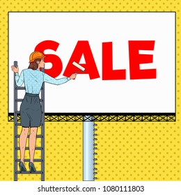 Pop Art Business Woman in Helmet with Billboard. Female Worker Applying Sale Banner. Advertisement Concept. Vector illustration