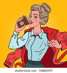 Pop Art Business Woman Late at Work. Busy Girl with Morning Coffee. Vector illustration