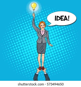 Pop Art Business Woman with Lightbulb. Team Work Concept. Vector illustration