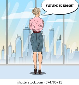 Pop Art Business Woman Looking at City Through the Window in Office. Vector illustration