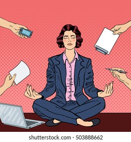 Pop Art Business Woman Meditating On The Table With Laptop At Office Multi Tasking Work. Vector Illustration