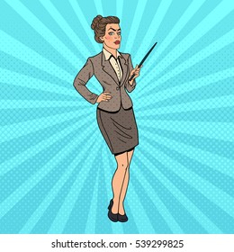 Pop Art Business Woman with Pointer Stick. Vector illustration