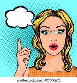 Pop art business woman pointing up on thought cloud in retro comic sketch style. Stunned woman face with open mouth - idea or solution of problem concept.
