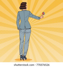 Pop Art Business Woman Pressing Red Button. Emergency Call. Vector illustration