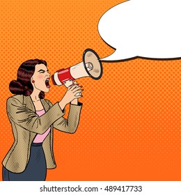 Pop Art Business Woman Shouting in Megaphone. Vector illustration