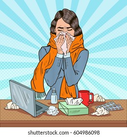 Pop Art Business Woman Sneezing at Work. Girl Feeling Sick. Vector illustration