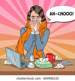 Pop Art Business Woman Sneezing. Girl With Flu At Work. Vector Illustration