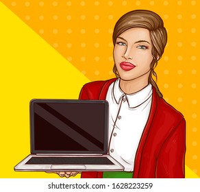 Pop art business woman or teacher with brown hair and red lips wearing white shirt and blazer holding laptop with black blank screen on halftone yellow background. retro comic book vector illustration