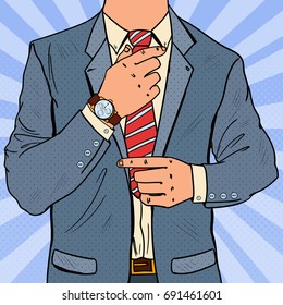 Pop Art Businessman Adjusting Tie. Male Business Fashion Style. Vector illustration