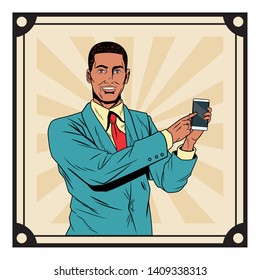 Pop art businessman afro in suit with smartphone frame and background vector illustration graphic design