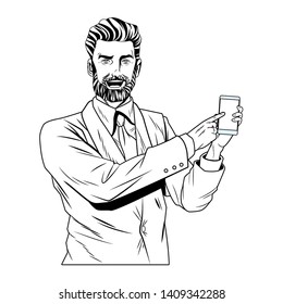 Pop art businessman bearded in suit with smartphone black and white isolated vector illustration graphic design