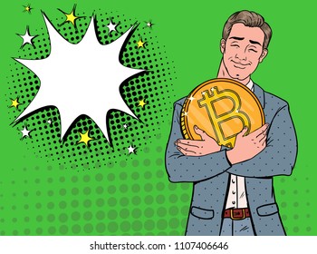 Pop Art Businessman with Big Golden Bitcoin Coin. Crypto Currency Concept. Virtual Money Advertising Poster. Vector illustration