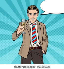 Pop Art Businessman with Champagne Glass on Holiday Celebration Party. Vector illustration