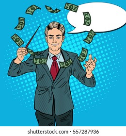 Pop Art Businessman Conducts Money with a Baton. Vector illustration