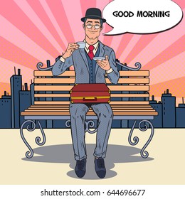 Pop Art Businessman Drinking Tea on the Morning in the City. Coffee Break. Vector illustration