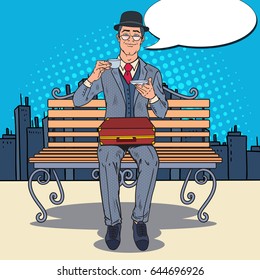 Pop Art Businessman Drinking Tea on the Bench in the City. Coffee Break. Vector illustration