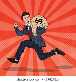 Pop Art Businessman Escapes Taxes with Money Bag. Vector illustration