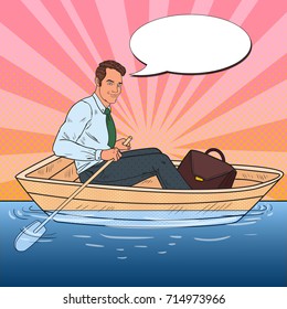 Pop Art Businessman Floating in the Boat. Summer Vacation. Vector illustration