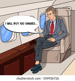 Pop Art Businessman Flying Airplane and Texting Message on Cellphone. Vector illustration