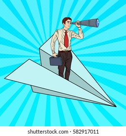 Pop Art Businessman Flying Paper Plane and Looking in Spyglass. Vector illustration