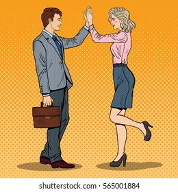 Pop Art Businessman Giving High Five to Business Woman. Vector illustration