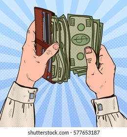 Pop Art Businessman Hands Holding Wallet with Money. Vector illustration