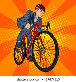 Pop Art Businessman in Helmet Riding Bicycle. Vector illustration