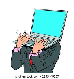 Pop art businessman with laptop laptop instead of a head. An electronic device carrying a computer. Office work. Pop art retro vector illustration 50s 60s style kitsch vintage