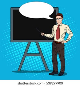 Pop Art Businessman with Pointer Stick and Black Board. Vector illustration