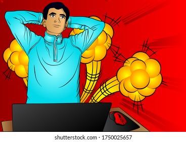Pop Art Businessman relaxing from working at home - comic book style, calm cartoon man with a laptop. Freelance man work in comfortable conditions.