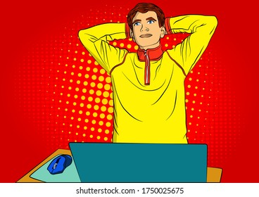 Pop Art Businessman relaxing from working at home - comic book style, calm cartoon man with a laptop. Freelance man work in comfortable conditions.