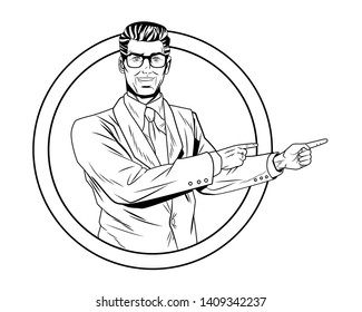 Pop art businessman round stamp frame hands pointing indication black and white vector illustration graphic design