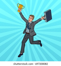 Pop Art Businessman Running with Golden Winner Cup. Business Success. Vector illustration