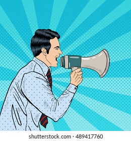 Pop Art Businessman Shouting in Megaphone. Vector illustration