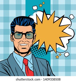 Pop art businessman speech bubble comic panel checkered background with glasses vector illustration graphic design