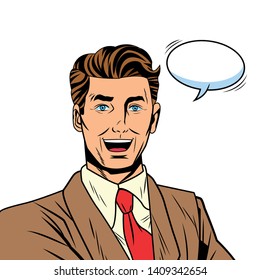Pop art businessman with suit speech bubble smiling grin cartoon vector illustration graphic design