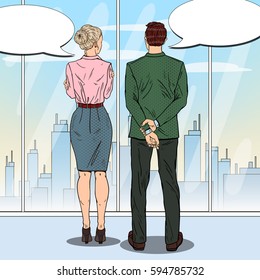 Pop Art Businessman Talking with Business Woman. Vector illustration