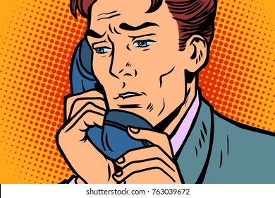 Pop art businessman talking on the phone. Comic book cartoon retro Illustrator vector drawing