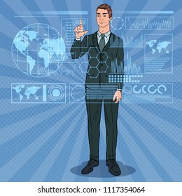 Pop Art Businessman Using Virtual Holographic Interface. Futuristic Technology Touchscreen. Vector illustration