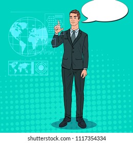 Pop Art Businessman Using Virtual Holographic Interface. Futuristic Technology Touchscreen. Vector illustration