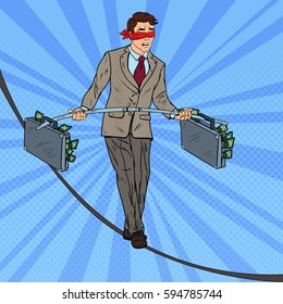 Pop Art Businessman Walking on the Rope with Two Money Briefcase. Investment Risk. Vector illustration