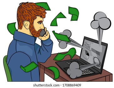 Pop Art Businessman working from home - comic book style, cartoon man in shirt sitting in front of a laptop and speaking on the phone. Financial success concept, money flying out from laptop.